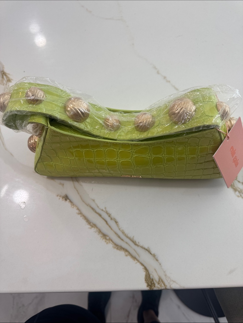 cult gaia lime croc-embossed mini shoulder bag with beaded handle - Picture 3 of 12